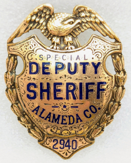 1910s Alameda Co CA Special Dep Sheriff Badge #2940 in Gold Front by Ed Jones Profusely Engraved