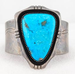 1960s-70s Large Bold Navajo Silver Bracelet with HUGE Blue Diamond Turquoise