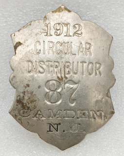Great 1912 NJ Circular Distributor aka Newsboy Badge #87 by CD Reese