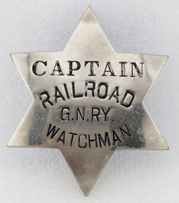 Ext Rare ca 1900 Great Northern Railway Railroad Watchman CAPTAIN 6-pt Star Badge