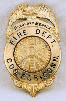 1940s-50s Cos Cob CT Fire Dept Honorary Member Badge in Gold Fill from Samuel F. Pryor Jr. Estate