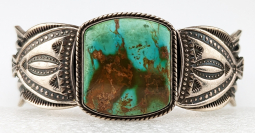 Heavy Large Deeply Stamped Navajo Silver & Royston Turquoise Bracelet by Darrell Cadman