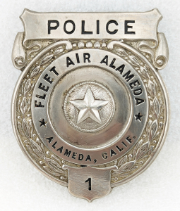 Great WWII Fleet Air Alameda CA USN Police Badge #1 in Wartime Nickel Plated Steel