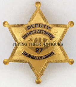 Gorgeous & Ext Rare 1920s Los Angeles Co CA Deputy District attorney Badge #27