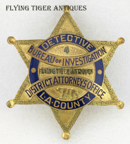 REAL! 1910-1920 Los Angeles Co CA Dep Sheriff Detective Badge #4 DA's Office Bureau of Investigation