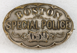 The Nicest 1880s Oval Boston MA Special Police Badge we have Seen HAND ENGRAVED # 659