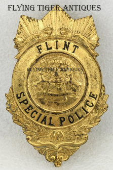 Beautiful 1910s Flint Michigan Special Police Badge in Gilt Brass