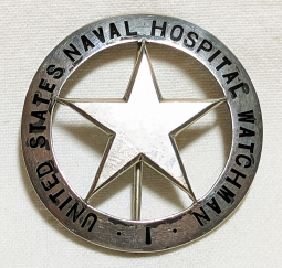 Gorgeous ca 1918 US Naval Hospital Watchmen #1 Circle Star Badge in Coin Silver w Black Enamel