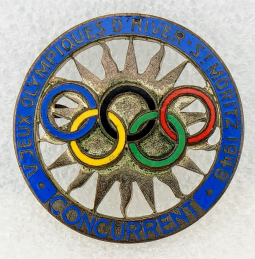 Rare 1948 Winter Olympics St. Moritz Concurrent Participant Badge