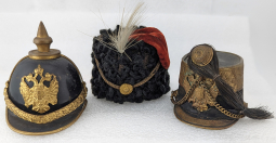 Fabulous 1890s Group of 3 Miniature Austrian Military Officers' Helmets in Bronze, Leather & Velvet