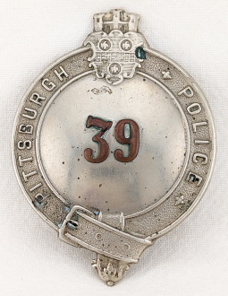 Beautiful 1920s Pittsburgh PA Police Badge #39 in Nickel with Copper Numbers