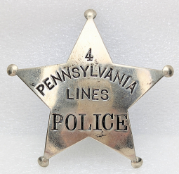 Great 1890s Pennsylvania Lines Railroad Police 5pt Star Badge #4