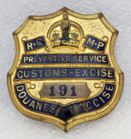 Ext Rare 1930s RCMP Royal Canadian Mounted Police Customs-Excise Prev Service Badge #191 by Scully