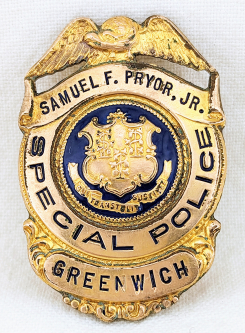 1940s - 1950s Greenwich CT Special Police Badge of Samuel F Pryor Jr in Gold Fill