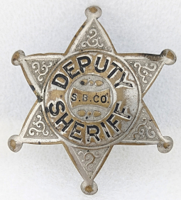 Great Old 1910s San Bernardino Co CA Deputy Sheriff 6pt Star "Baseball" Badge in Nickeled Brass