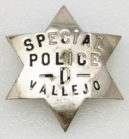 Nice Old 1910s WWI era Vallejo CA Special Police 6pt Star Badge #D by Patrick & Co SF