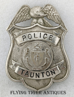 Great Old 1920s-30s Taunton MA Police Badge in Nickeled Brass