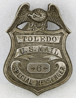 Beautiful & Rare ca 1900 Toledo Ohio US MAIL Special Messenger Badge #6