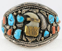 1970s Navajo Artist Tommy Moore Silver Coral Sleeping Beauty Turquoise & Faux Horn Claw Bracelet