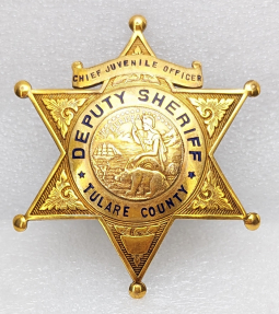 1930s-40s Tulare Co CA Chief Juvenile Officer Deputy Sheriff Badge in Gold Front by Ed Jones