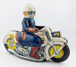 Late 1950s-Early 1960s Tin Litho Police Patrol Motorcycle Toy by Usagiya