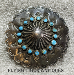 Fantastic 1930s Fread Harvey Style Zuni Silver & Turquoise Snake Eyes Concho Brooch