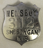 Nice Early 1900's - 1910's Sheboygan, Wisconsin Newsboy Badge #312 by Schwaab Stamp & Stationery Co.
