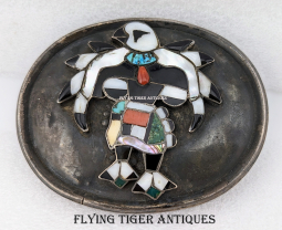 Large 1970s Zuni Silver & Multi Material Inlay Eagle Dancer Belt Buckle by Charles & Mary Ann Poncho