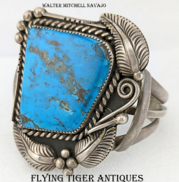 Beautiful ca 1960s-70s Navajo Silver Bracelet with HUGE MORENCI Turquoise by Walter Mitchell