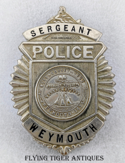 Great old ca 1940 Weymouth MA Police Sergeant Clamshell Badge with Custom City Seal
