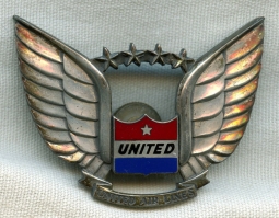 Sterling United Air Lines Agent Hat Badge 4th Issue in Sterling Silver