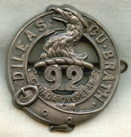 Large WWI 92nd Bn CEF (Canadian Expeditionary Forces) 48th Highlanders Officer Cap Badge in Silver