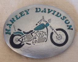 Wonderful Vintage 1970s Native American Chip Inlay Turquoise MOP & Onyx Harley Davidson