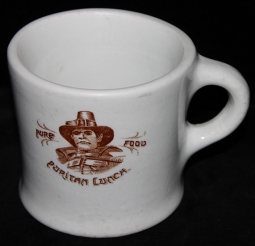 Wonderful 1910's - 20's Puritan Lunch Coffee Mug from Boston, MA with Awesome Stern Pilgrim!