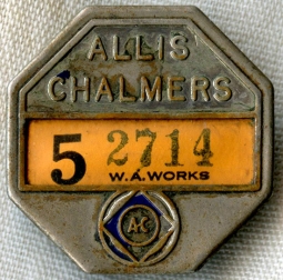 Cool 1930's Allis Chalmers West Allis, Wisconsin Employee Badge #'d 5-2714
