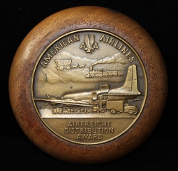 Rare, Early 1950's American Airlines Bronze & Wood Paperweight: Air Freight Distribution Award