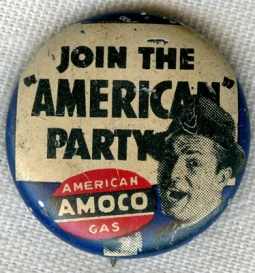 1940s Advertising Painted Tin AMOCO Gasoline Pin Election Year Party Theme
