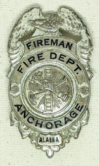 Beautiful, Huge, Ca 1950 Territorial Anchorage Alaska Sterling Silver Fireman Badge