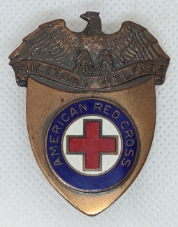Scarce WWII American Red Cross Military Welfare Service Officer Hat Badge in Enameled Bronze