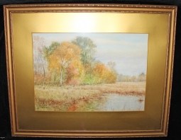 1916 Watercolor Autumn Wetlands Scene Possibly in Connecticut by Daniel F. Wentworth 1850-1934