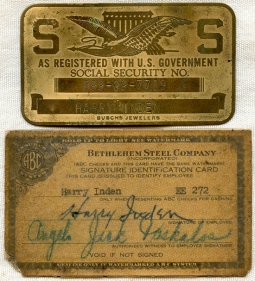1920's-30's Brass Social Security Card & Bethlehem Steel Signature ID Card of Harry Inden