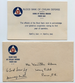 Nice WWII Civil Defense Card & Envelope from the School of Tropical Medicine, Puerto Rico