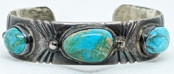 Great Old Pawn 1950's Sterling Silver Ingot Bracelet with File Work and Nice Old Blue Gem Cabochons.
