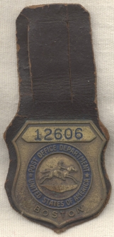 1950s Boston MA US Postal Clerk Employee Badge 12606 on Leather Belt Hanger