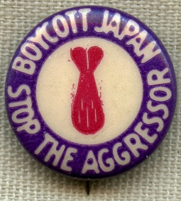 Rare Late 1930's - Early 1940's Anti - Japan Pin Boycott Japan Stop the Agressor