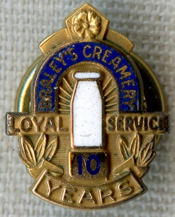 Cool 1940's-50's Braley's Creamery 10 Year Service Pin with Milk Bottle Logo