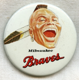 Large Vintage Late 1950s Milwaukee Braves Baseball Team Tin Litho Pin