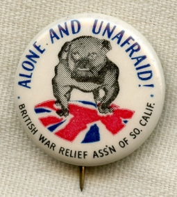 WWII Celluloid British War Relief Association of Southern California Bulldog Pin