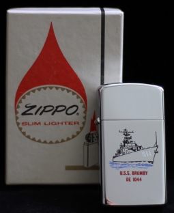 1970 Slim Zippo USN Ship Lighter for USS Brumby DE-1044. Near Mint, Unfired, in Box