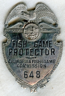 Gorgeous 1920's California Fish & Game Comm. Fish & Game Protector Badge #'d 648 by Irvine & Jachens